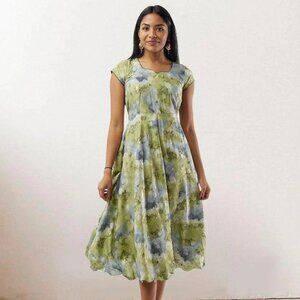 Green and Grey Printed Rayon Knee-Length Dress | Muvvas Boutique
